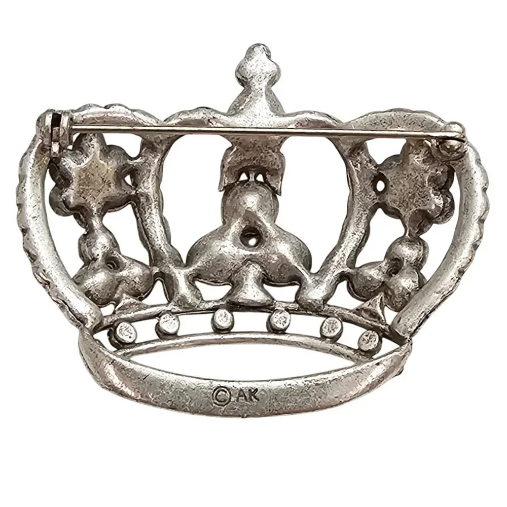Anne Klein Silver Tone Crown Brooch, Smoky Vitrail Rhinestone Pin Signed, J303